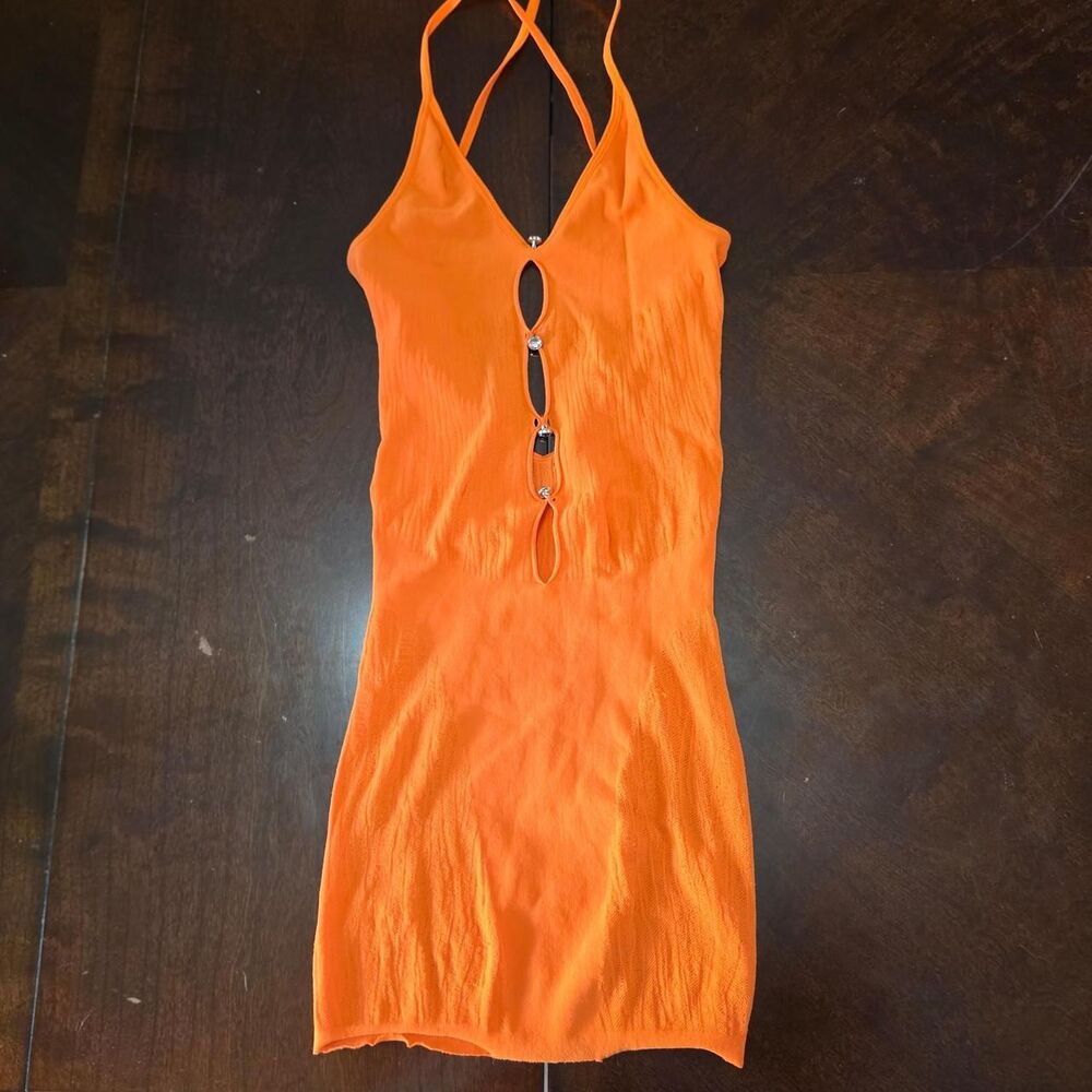 White Fox Boutique Stretchy Sheer Orange Mini Dress - Like New